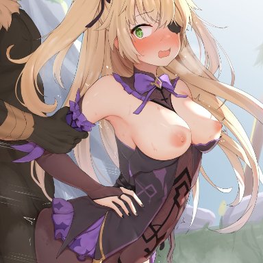 1boy, ass, bangs, blonde hair, blush, breasts, breasts outside, bridal gauntlets, commentary request, dark skin, dark skinned male, dark-skinned male, detached sleeves, eyepatch, female