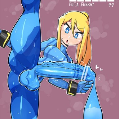 1futa, ass, blonde hair, blue eyes, blush, bodysuit, breasts, censored, commentary request, cum, ejaculation, ejaculation under clothes, english text, eyebrows visible through hair, female