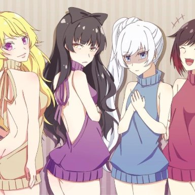 4girls, black, blake belladonna, breasts, clothed, clothed female, female, female only, fully clothed, laughing, mortified, proud, red, rooster teeth, ruby rose