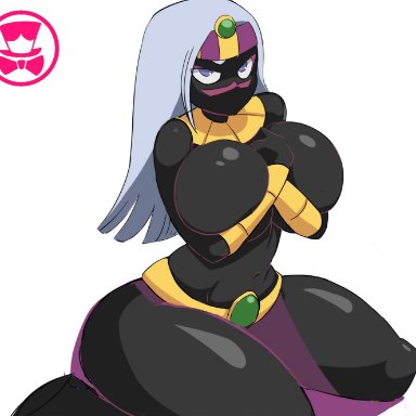 1girls, alien girl, big breasts, black body, duck dodgers, eye contact, female, huge thighs, humanoid, large breasts, long hair, looking at viewer, looney tunes, purple eyes, queen tyr'ahnee