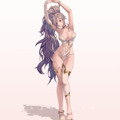 armpits, arms above head, arms up, azto dio, belly, cleavage, fingerless gloves, fire emblem, fire emblem heroes, ishtar (fire emblem), large breasts, legwear, long hair, navel, one glove