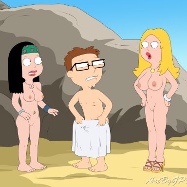 1boy, 2girls, 4 fingers, 4 toes, age difference, american dad, angry, beach, big breasts, black hair, blonde hair, breasts, brother, brother and sister, brown hair