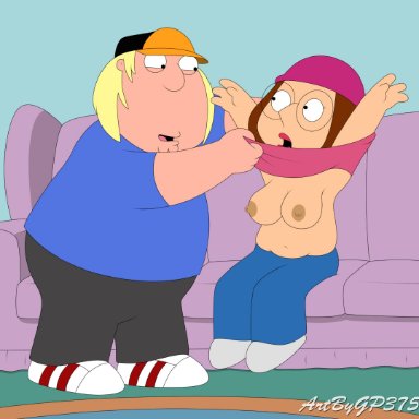 1boy, 1girls, big breasts, breasts, brother and sister, chris griffin, couch, family guy, glasses, gp375, hat, incest, meg griffin, shirt lift