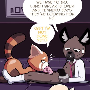 aggressive retsuko, ass, big butt, big penis, condom, fellatio, female, filled condom, haida, huge butt, huge cock, hyena, male, mammal, office sex