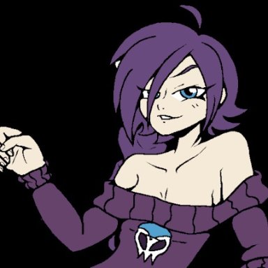 1girls, alpha channel, animated, bare shoulders, blue eyes, cleavage, dirtydooddoodlez, female, female only, gif, hand gesture, handjob, human, purple hair, sexually suggestive