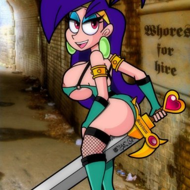 ass, breasts, high heel boots, high heels, mighty magiswords, nipples, sandybelldf, sword, vambre warrior