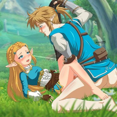 ass, barefoot, blonde hair, blue eyes, blush, braid, braided hair, breath of the wild, champion's tunic, clothing, duo, feet, female, fingerless gloves, gloves