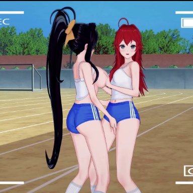 2girls, akeno himejima, animated, black hair, breasts, camera, demon girl, duo, female, gym uniform, high school dxd, lesbians, long hair, masturbation, nipples