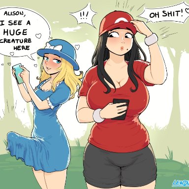 !, 2futas, alison (lewdua), bulge, cleavage, clothing, comic, dress, erection, erection under clothes, futa on futa, futa only, futa with futa, futanari, heart