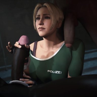 3d, bbc, big penis, blonde, blonde hair, blue eyes, clothed female nude male, dark penis, dark skin, dark-skinned male, female, gloves, handcuffs, indoors, interracial