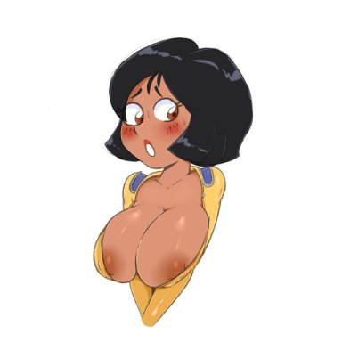 1girls, alex (totally spies), areola, areolae, black hair, blush, bob cut, bodysuit, breasts, breasts outside, brown eyes, busty, cleavage, clothed, clothes