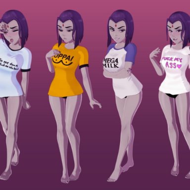 1girls, 3d, big breasts, blush, breasts, cleavage, dc, degrading accessory, female, female only, fuck-me shirt, large breasts, panties, raven, simple background