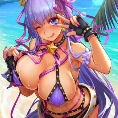 bb (fate), bb (swimsuit mooncancer), bikini, blue eyes, breasts, cleavage, dark skin, dark-skinned female, fate (series), fate/grand order, female only, garter straps, garters, gyaru, large breasts