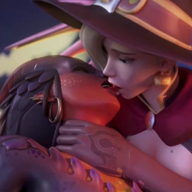 2girls, 3d, alternate costume, animated, blender, cawneil, dragon symmetra, female, female only, french kiss, kissing, mercy, no sound, open mouth, overwatch