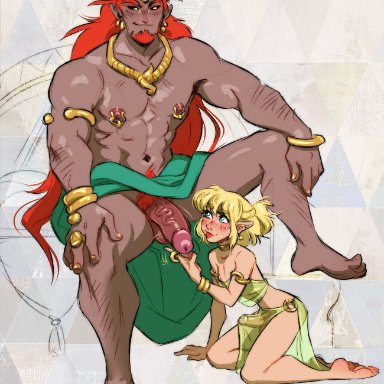 2boys, big penis, black sclera, blonde hair, blue eyes, crossdressing, erect penis, erection, erection under clothes, femboy, ganondorf, gay, girly, link, long hair