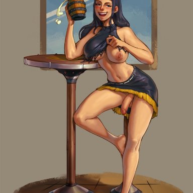 1futa, balls, beer, big breasts, big penis, black hair, blanclauz, blush, breasts, breasts outside, bwc, clothed, clothing, drunk, full body