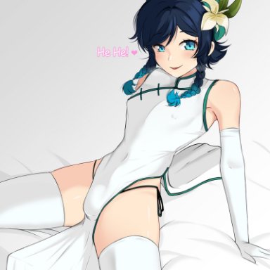 :d, 1boy, bed, bed sheet, blue eyes, blue hair, braid, bulge, china dress, chinadress, crossdressing, erect nipples, erection, erection under clothes, femboy