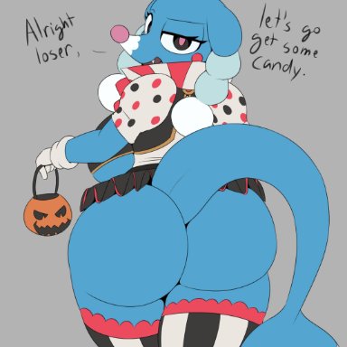 2020, ass, big butt, blue body, bottomless, breasts, brionne, female, female only, gloves, half-closed eyes, halloween, halloween costume, legwear, miso souperstar