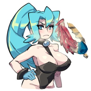 1boy, 1girls, animal genitalia, animal penis, big breasts, blue eyes, blue hair, blush, breasts, clair (pokemon), erection, eye contact, gerph, gloves, interspecies