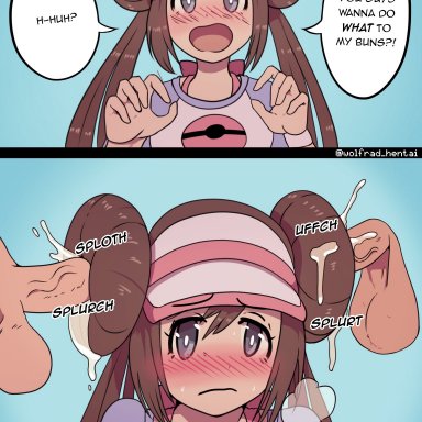 1girls, 2boys, blush, brown hair, cum, cum in hair, dialogue, double bun, frown, hair sex, hairjob, humans of pokemon, instant loss 2koma, long hair, nintendo