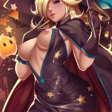 1futa, black dress, black gloves, blonde hair, blue eyes, blush, bow, breasts, breasts outside, bulge, center opening, cowboy shot, cum, cum in clothes, cum through clothes