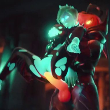 1boy, 1girl, 3d, animated, barefoot, blender, clothed sex, cum, ghost, glowing, halloween, orgasm, overwatch, pixiewillow, pumpkin reaper