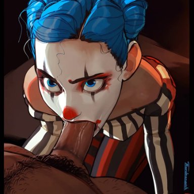 1girls, animated, big penis, blue eyes, blue hair, close-up, clown, clown girl, cum, cum in mouth, cum in throat, cum inside, dark skin, dark-skinned male, deepthroat