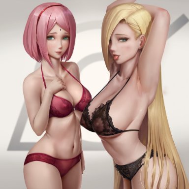 2girls, areolae, big breasts, bra, breasts, cleavage, female, female only, ino yamanaka, large breasts, limgae, lingerie, looking at viewer, naruto, nipples