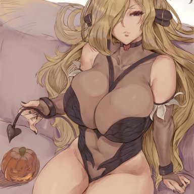1girls, big breasts, blonde hair, breasts, cleavage, cynthia (pokemon), female, female only, huge breasts, large breasts, looking at viewer, pokemon, pokemon dppt, shexyo, solo