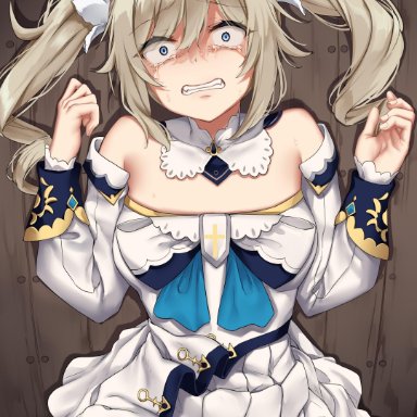 1girls, absurd res, barbara (genshin impact), blonde hair, blue eyes, breasts, clenched teeth, cross, crying, crying with eyes open, dress, female, female only, genshin impact, hi res