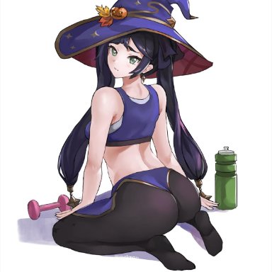 1girl, ass, drink, dumbbell, feet, genshin impact, kneeling, leggings, looking at viewer, mona (genshin impact), pantyhose, sports bra, witch hat, workout