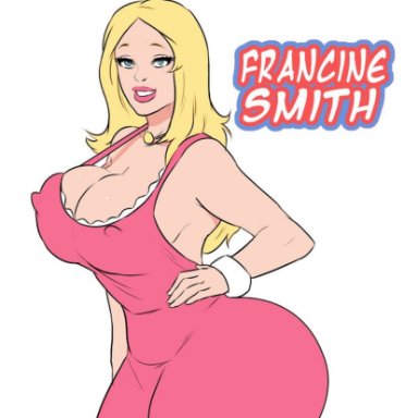 american dad, big ass, big butt, blonde hair, blue eyes, caucasian, caucasian female, character name, cleavage, erect nipples under clothes, francine smith, hand on hip, jay-marvel, mature female, milf