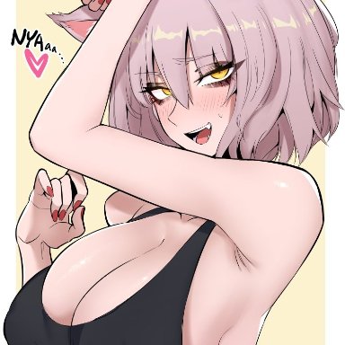 big breasts, blush, cat ears, catgirl, eyeshadow, fangs, fate (series), fate/grand order, grey hair, heart, huge breasts, j.k., jeanne alter, looking at viewer, short hair