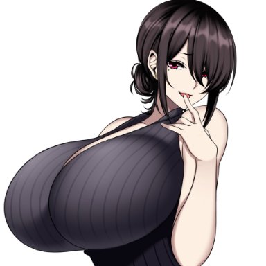 big breast, black hair, breast, camui kamui, cute, dark hair, enormous breasts, gigantic breasts, huge breasts, large breasts, licking, licking fingers, red eyes, round breasts, seducing