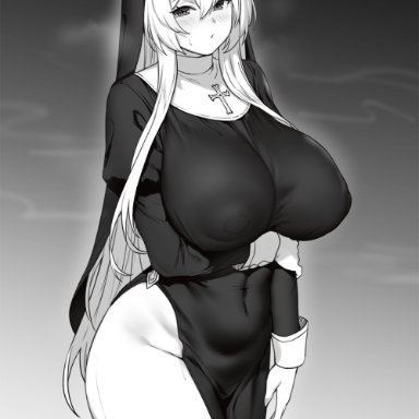 cleavage, houtengeki, huge breasts, looking at viewer, nipples visible through clothing, nun, original character, thick thighs, voluptuous, wide hips
