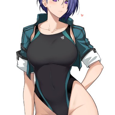 asymmetrical hair, bangs, bare thighs, big breasts, black swimsuit, blue eyes, blue hair, blush, breasts, collarbone, competition swimsuit, covered navel, female, fire emblem, fire emblem: three houses