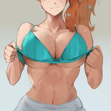 1girls, aqua eyes, big breasts, curvy figure, eye contact, female, glasses, glasses on head, hair ornament, kisou, large breasts, looking at viewer, nintendo, orange hair, pokemon