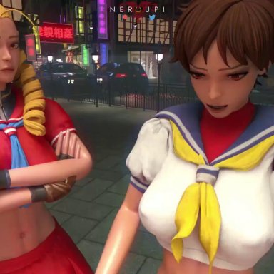 3d, animated, futanari, juri han, karin kanzuki, neroupi, sakura kasugano, sound, street fighter, tagme