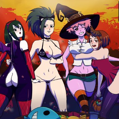 anime, ass, black hair, bnha, breasts, breats, brown hair, candy, cat ears, catgirl, cosplay, costume party, demon, demon girl, halloween