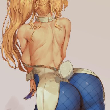 1girls, absurd res, animal ears, artoria pendragon, artoria pendragon (swimsuit ruler), ass, back, backboob, bare shoulders, blonde, blue legwear, breasts, bunny ears, bunny tail, bunnysuit