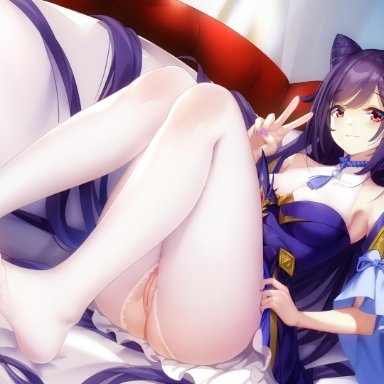 bed, blush, cat smile, dress, feet, genshin impact, keqing (genshin impact), long hair, nopan, pantyhose, purple eyes, purple hair, pussy, red and white, uncensored