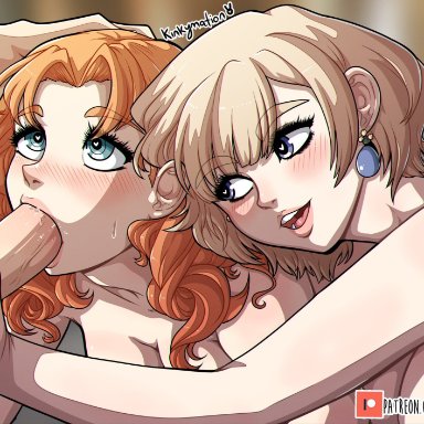 2girls, annette (fire emblem), annette fantine dominic, big breasts, blonde hair, blue eyes, blush, byleth (fire emblem), byleth (fire emblem) (male), byleth (male), coaching, earrings, fellatio, fire emblem, fire emblem: three houses