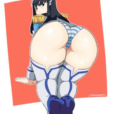 1girls, ass, back view, big ass, black eyes, black hair, boots, female, female only, high heels, highres, kill la kill, kiryuuin satsuki, kneeling, legwear