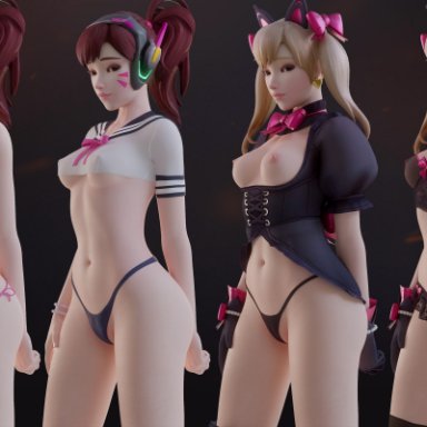 1girls, 3d, alternate costume, areolae, arhoangel, black cat d.va, blender, breasts, d.va, female, female only, g-string, nipples, overwatch, panties