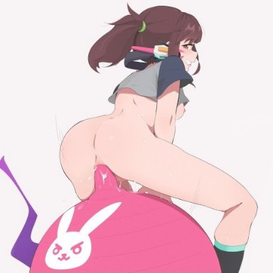 1girls, breasts, breasts outside, d.va, dildo, dildo sitting, exercise ball, female, looking back, lowres, overwatch, solo, tagme, vaginal penetration