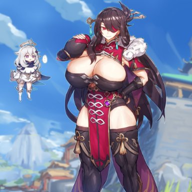 alternate breast size, beidou (genshin impact), big breasts, breasts, clothed, clothed female, curvy, dark hair, earrings, eyepatch, female, female only, genshin impact, hair ornament, hand on hip