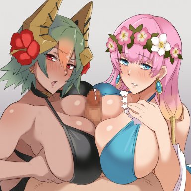 2girls, aba rano, alternate costume, big breasts, bikini, black swimsuit, blue bikini, blue eyes, blue swimsuit, breast docking, censored, collaborative titfuck, cum, dark skin, dark-skinned female