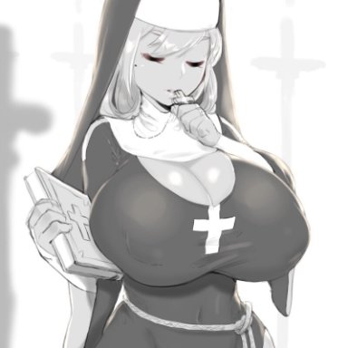 backlighting, bible, book, breasts, cleavage, commentary, cross, cross necklace, english commentary, female, greyscale, habit, huge breasts, impossible clothes, jewelry