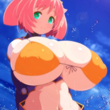 bikini armor, cleavage, curvy, green eyes, heart-shaped pupils, huge breasts, looking at viewer, nipples visible through clothing, original, original character, outdoor, pink hair, short hair, shortstack, skimpy clothes