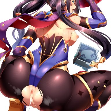 anus, ass, back, bangs, bare shoulders, black hair, black legwear, blue eyes, breasts, cum, cumdrip, female, genshin impact, hat, high heels